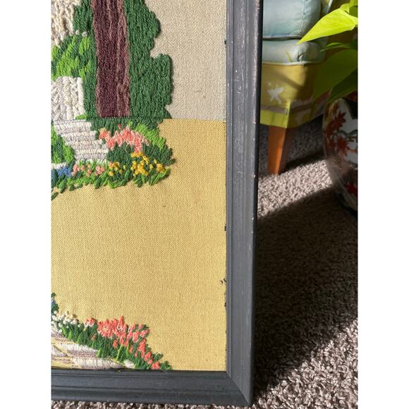 Vtg Framed Crewel Embroidery Springtime Gazebo Needlepoint Floral Grandmacore - Picture 13 of 16